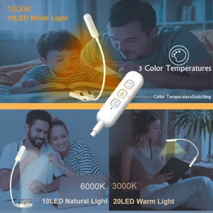 Lámpara de lectura LED con clip, cuello de cisne flexible y tres temperaturas de color.