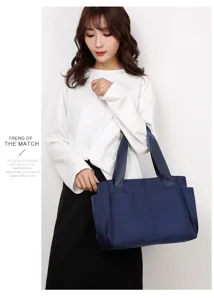 Solid blue nylon tote bag large capacity multi-pocket casual shoulder bag for daily travel