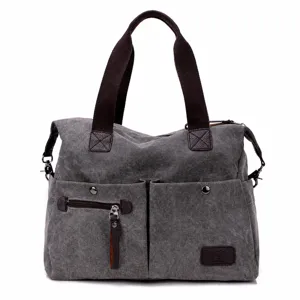 Women Canvas Shoulder Bag Casual Large Capacity Crossbody Handbag Retro Tote Bag Korean Style Multi-Pocket Daily Bag
