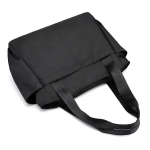 Black nylon tote bag for women, casual waterproof shoulder bag with large capacity and multi pockets.