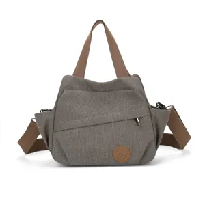 Vintage washed canvas messenger bag, grey crossbody shoulder bag with brown straps and handles.