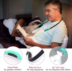 Portable LED neck reading light for night book reading, flexible silicone design with soft light.