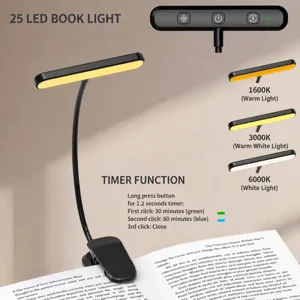 Clip-on book light detail view with 25LED, color temperature and timer settings.