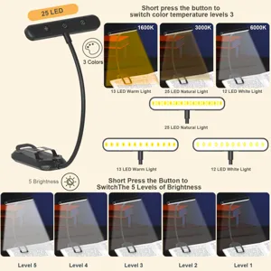 LED music stand light with 3 color temperatures and 5 brightness levels for reading.