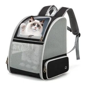 Breathable mesh pet carrier backpack for cats and small dogs, perfect for travel and hiking.