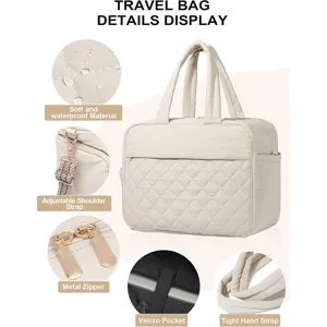 Detailed view of beige quilted travel duffel bag showcasing waterproof material and zippers.