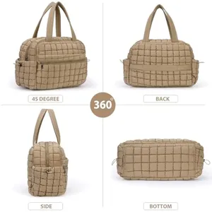 Quilted tote travel duffel bag in khaki, lightweight puffer gym luggage bag for women.