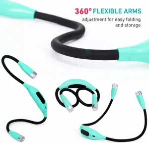 Flexible LED neck reading light detail showing 360 degree adjustable arms and dual lamp heads.