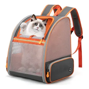 Breathable pet carrier backpack with mesh windows for hiking and outdoor travel grey orange