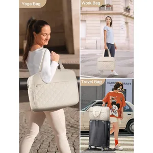 Quilted puffer travel duffel bag with shoe compartment, stylish workout gym yoga tote for women.