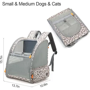 Leopard pet backpack for small medium dogs cats, breathable mesh portable travel carrier bag.