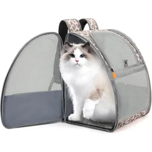Detailed view of breathable mesh pet backpack with leopard print design for cats and small dogs.