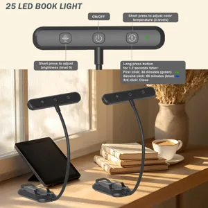Rechargeable 25 LED book light with adjustable color temperature, brightness levels, and timer.