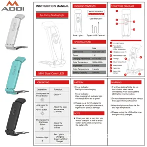 Portable foldable USB book reading light with 5 brightness levels and 3 color temperatures.