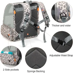 Leopard print breathable pet carrier backpack with wide straps and convenient mesh windows.