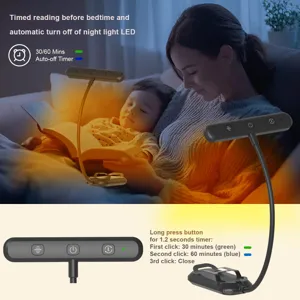 Rechargeable LED clip-on reading light with 30/60 min timer and warm light for reading.