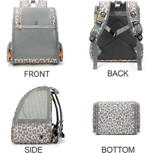 Detailed view of grey leopard print pet backpack with breathable mesh windows and straps.