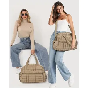 Quilted puffer travel duffel bag, lightweight nylon gym tote bag with shoulder strap.