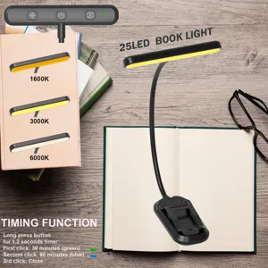 Rechargeable 25 LED clip-on book light with adjustable color temp and timer function.