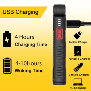 Rechargeable LED work light with USB charging, 4 hours charge time and multi-charging options.