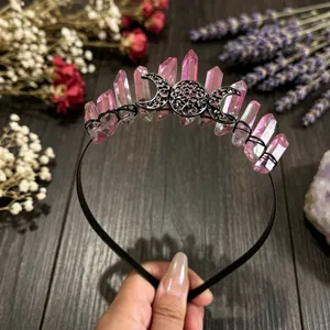 Diadema de cristal rosa natural con corona de luna negra accesorio para el cabello boho foto atrezzo