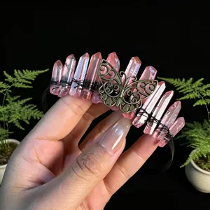 Pink crystal headband with butterfly crown, crystal quartz tiara for women and girls photography.