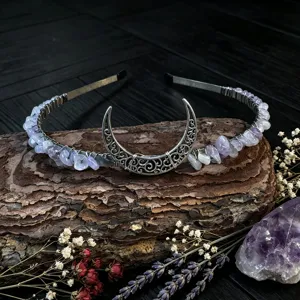 Handmade crystal crescent moon headband featuring wire-wrapped purple chips for elegant style.