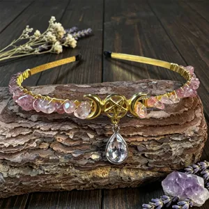 Detailed view of handmade crystal chip crown headband with pentacle charm and natural stone.