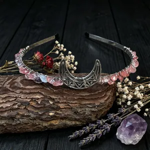 Handmade crystal moon tiara headband, delicate pink gemstone hair accessory for brides.