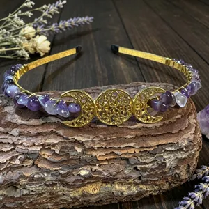 Handmade amethyst crystal triple moon crown headband for festival and mystical pagan wear.