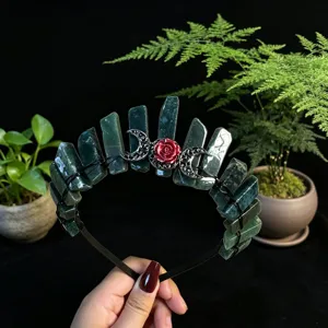 Natural Green Crystal Crown Headband Gothic Quartz Tiara Rose Moon Hair Accessories