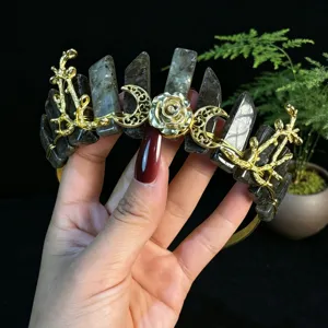 Handmade natural crystal crown tiara with gold wire moon and rose flower for women