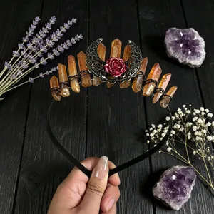 Gothic crystal tiara crown with raw quartz points, moon motif and red rose for women.