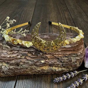 Handmade crystal crown headband with a golden filigree crescent moon and amber crystal chips.