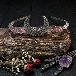 Handmade crystal moon tiara detail shot showing intricate wire-wrapped pink quartz stones.