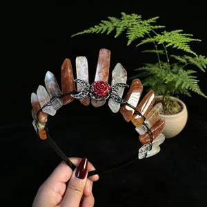 Natural crystal crown headband with red quartz points, metal moon and rose gothic hair accessory