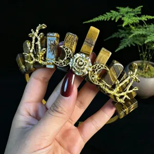 Natural tiger eye crystal crown headband with gold moon and rose details for women style.