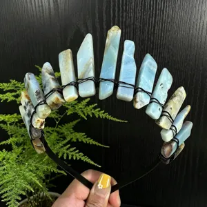 Natural crystal crown headband with raw stone points and black wire wrap for festival fashion.