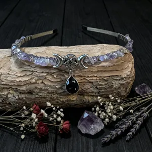 Crystal moon crown headband details, purple amethyst stone handmade gothic hair accessory.