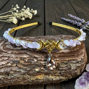 Crystal moon gemstone tiara headband handmade goddess pagan hair accessories for women