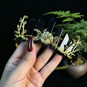 Gorgeous gothic black crystal tiara with gold moon and rose branch hair hoop for women.