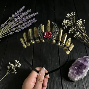 Crystal Tiara Headband With Hollow Moon And Red Rose Crown Hair Accessory For Women