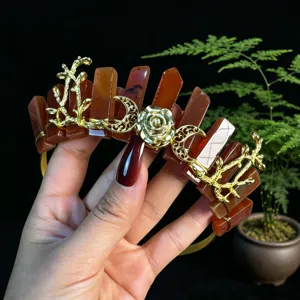 Gorgeous natural red crystal crown headband with golden rose, moon and branch details for women