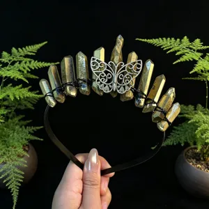 Natural crystal raw stone crown headband with silver butterfly, elegant hair accessory for women.