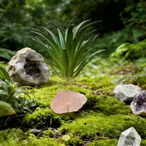 Support de plante aérienne en cristal avec quartz rose et mousse pour décoration.