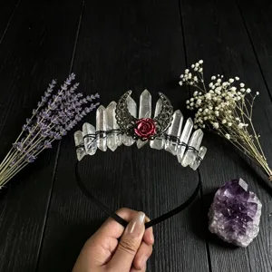 Gothic crystal quartz tiara crown headband with crescent moon and red rose for women photo.