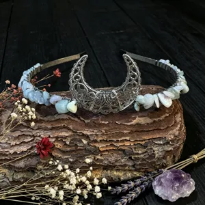 Crystal crescent moon tiara handmade wire wrapped natural stone headband for festival bridal