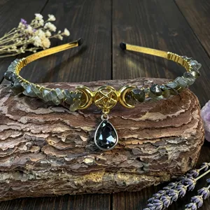 Detailed view of the handmade crystal chip crown headband featuring a golden pentagram and moon charm.