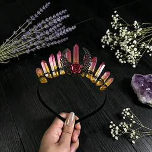 Crystal tiara headband with moon rose design, perfect gothic hair accessory for women photography