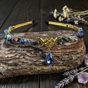 Handmade crystal chip crown headband with pentagram moon charm and blue drop pendant for festival.